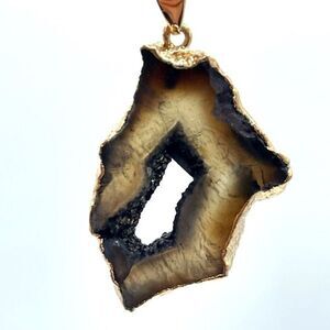 Brown druzy agate crystal quartz geode slice pendant necklace golden wrap gold t